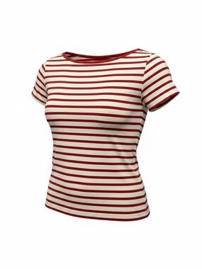 Old Navy Red and Cream Striped Short Sleeve Boatneck Tee 100% Cotton